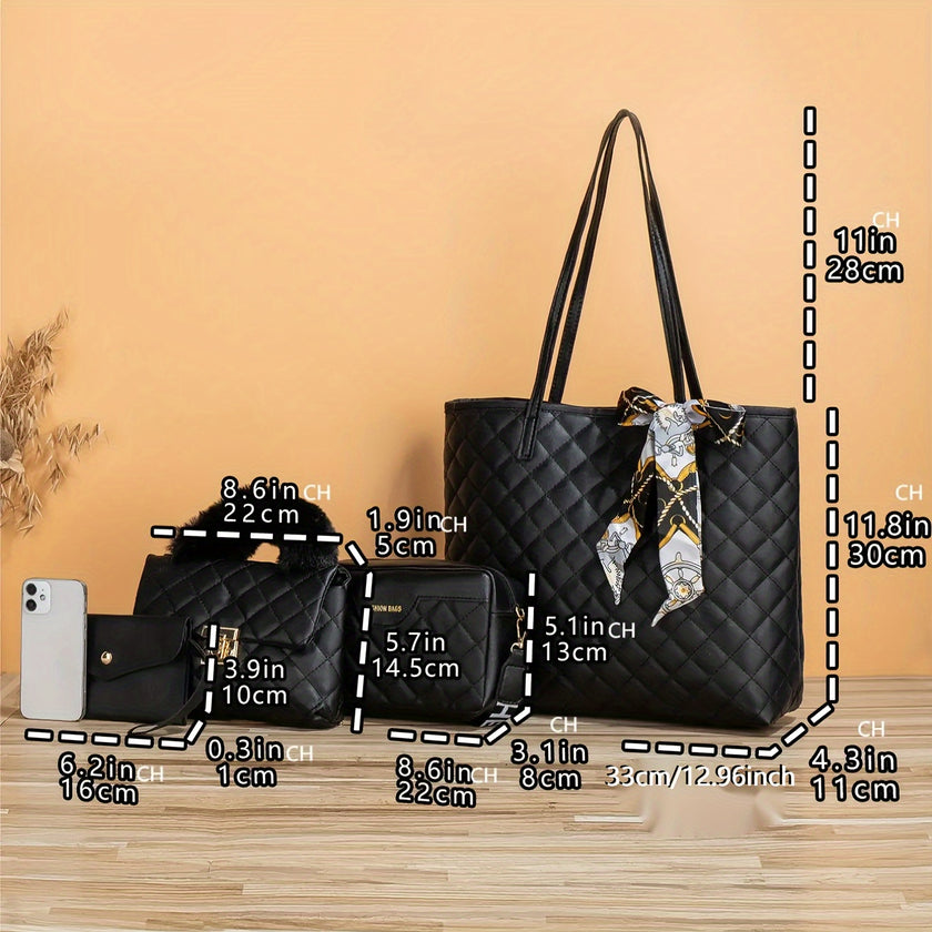 4 Pcs Quilted Detail Bag Sets, Solid Color Tote Bag With Shoulder Chain Bag & Purse & Crossbody Bag, Classic Bags With Scarf Decor