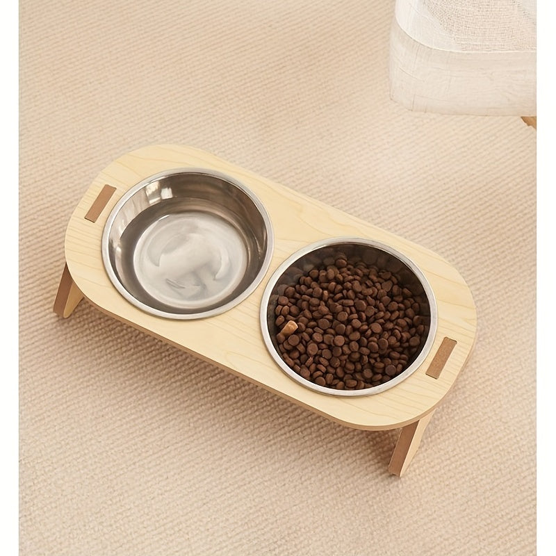 Elevated Cat Inclined Food Bowl Water Bowl With Wooden Stand For Cervical Spine Protection, Detachable Stainless Steel Pet Feeding Basin For Cats