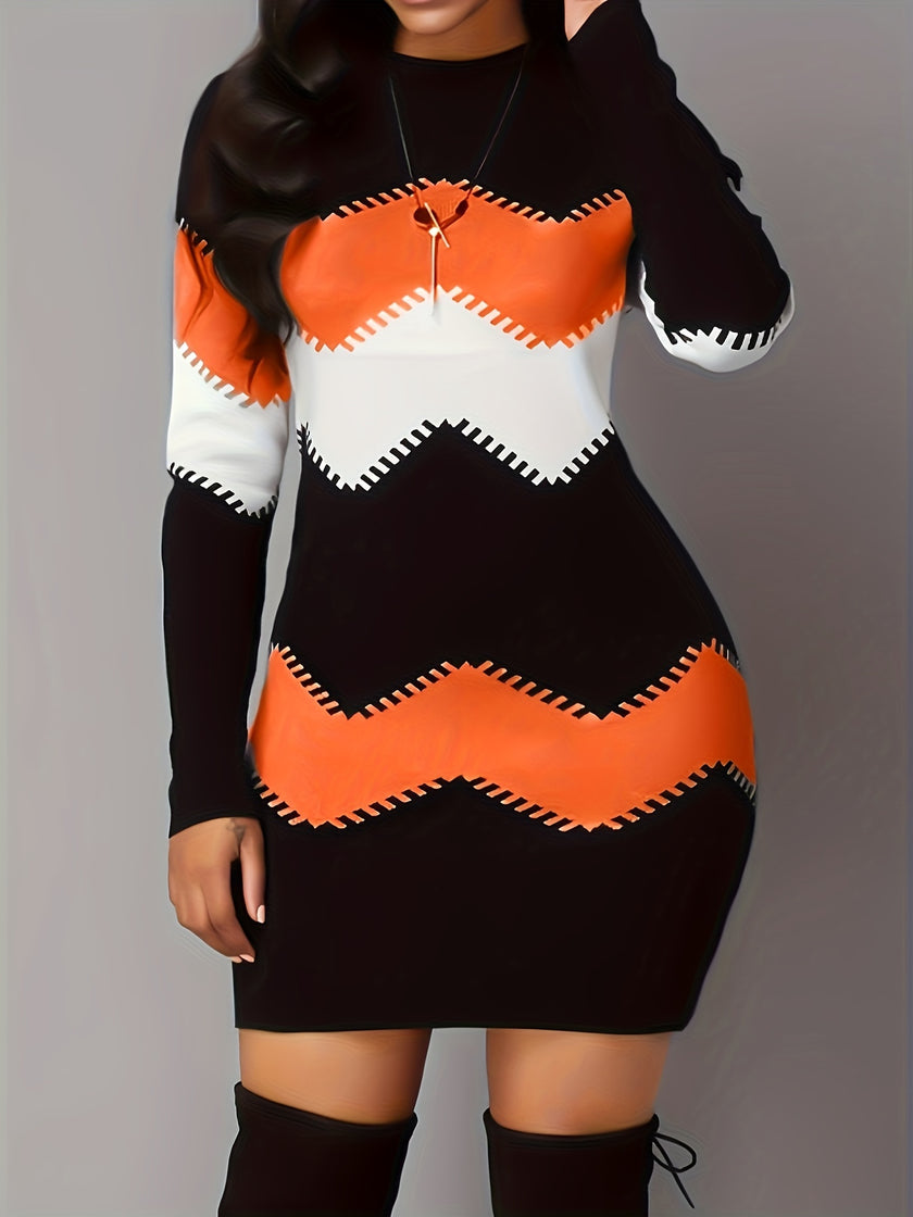 Plus Size Casual Dress, Women's Plus Colorblock Stripe Print Long Sleeve Round Neck Dress