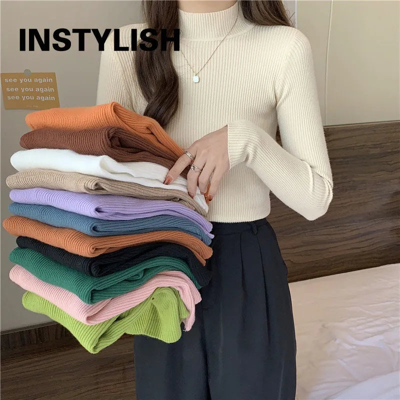 Women Autumn Winter Turtleneck Sweater Vintage Solid Basic Knitted Tops Casual Slim Pullover Korean Fashion Simple Chic Jumpers - Product upscale 