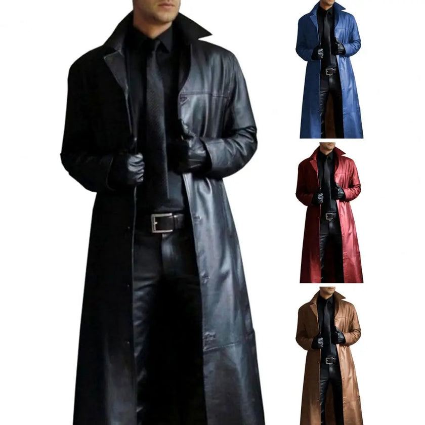 Men Jacket Turn-down Collar Smooth Faux Leather Fall Coat Windproof Streetwear Slim Fit Long Sleeve Men Trench Coat - Product upscale 