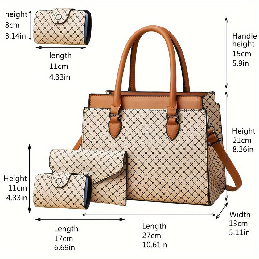3Pcs Retro Geometric Pattern Tote Bag Set, Faux Leather Shoulder Bag & Clutch & Coin Bag, Perfect Women Bag Set For Daily Use