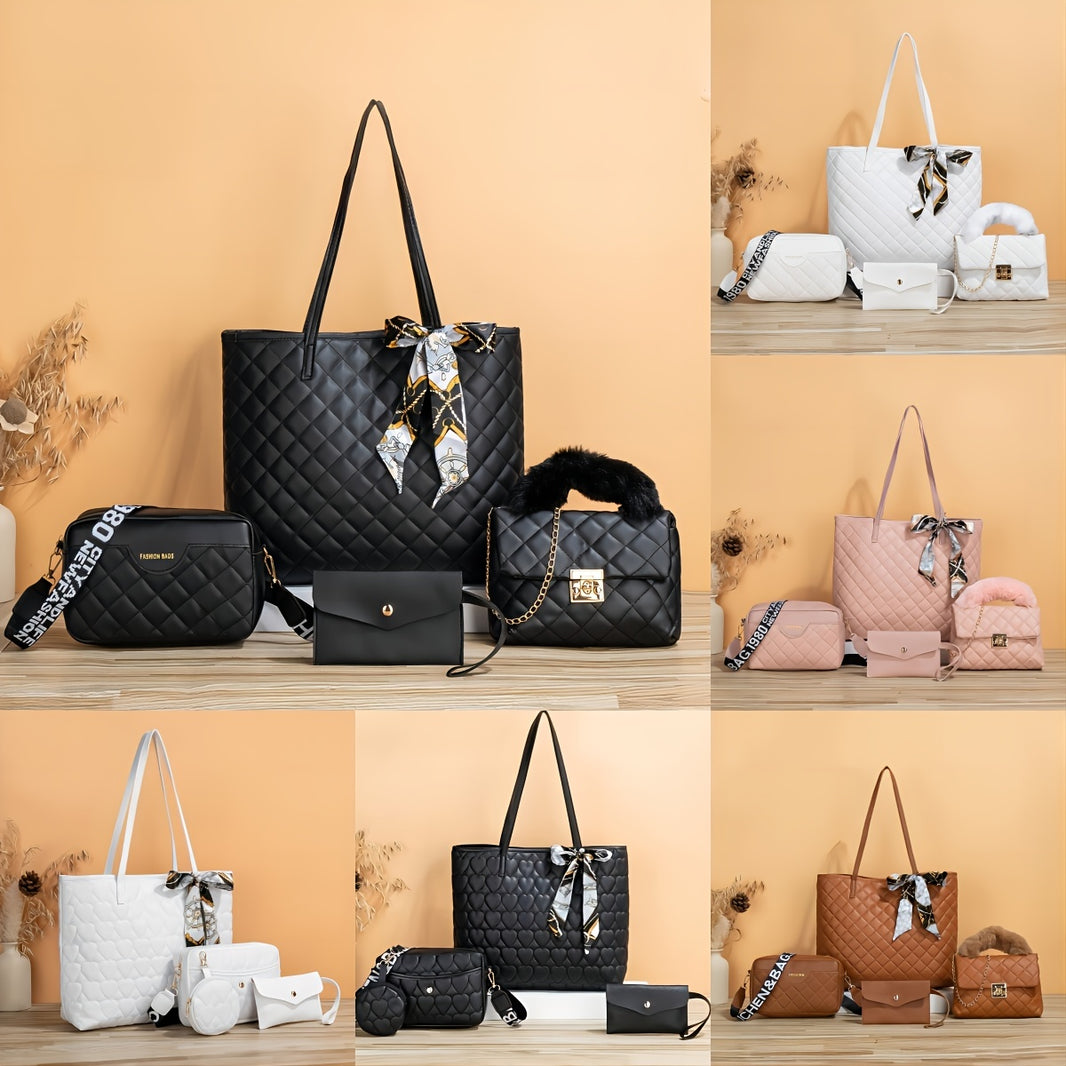 4 Pcs Quilted Detail Bag Sets, Solid Color Tote Bag With Shoulder Chain Bag & Purse & Crossbody Bag, Classic Bags With Scarf Decor