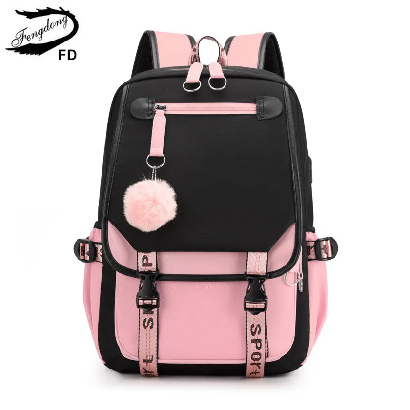 Fengdong large school bags for teenage girls USB port canvas schoolbag student book bag fashion black pink teen school backpack - Product upscale 