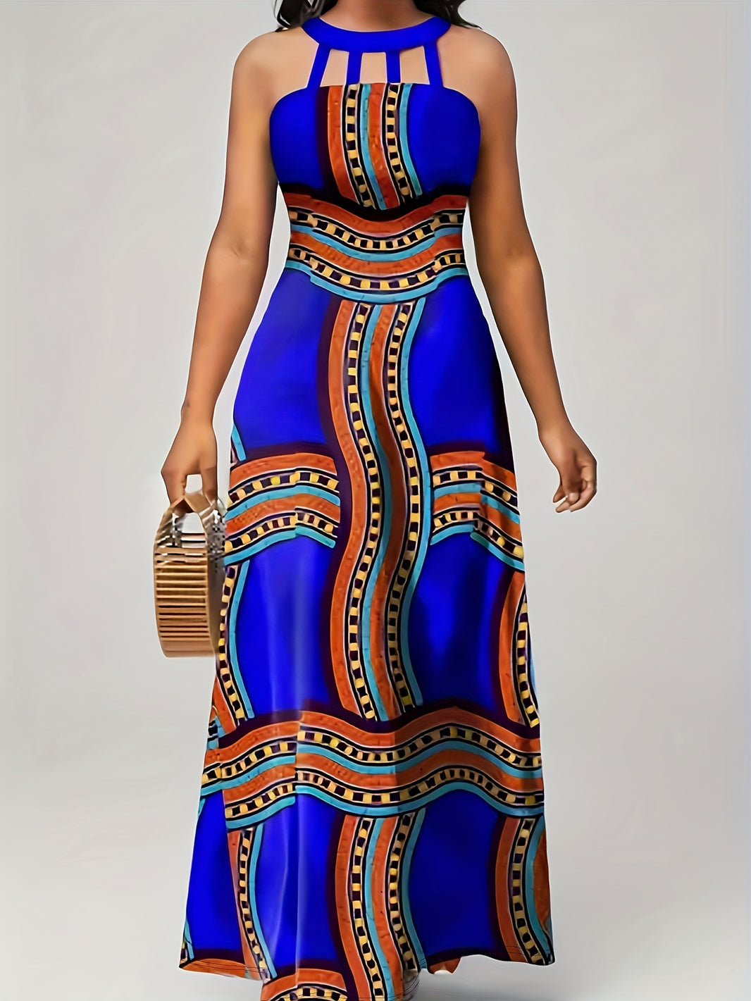 Plus Size Elegant Dress, Women's Plus Geometric Print Cut Out Front Off Shoulder Halter Neck Nipped Waist Dress