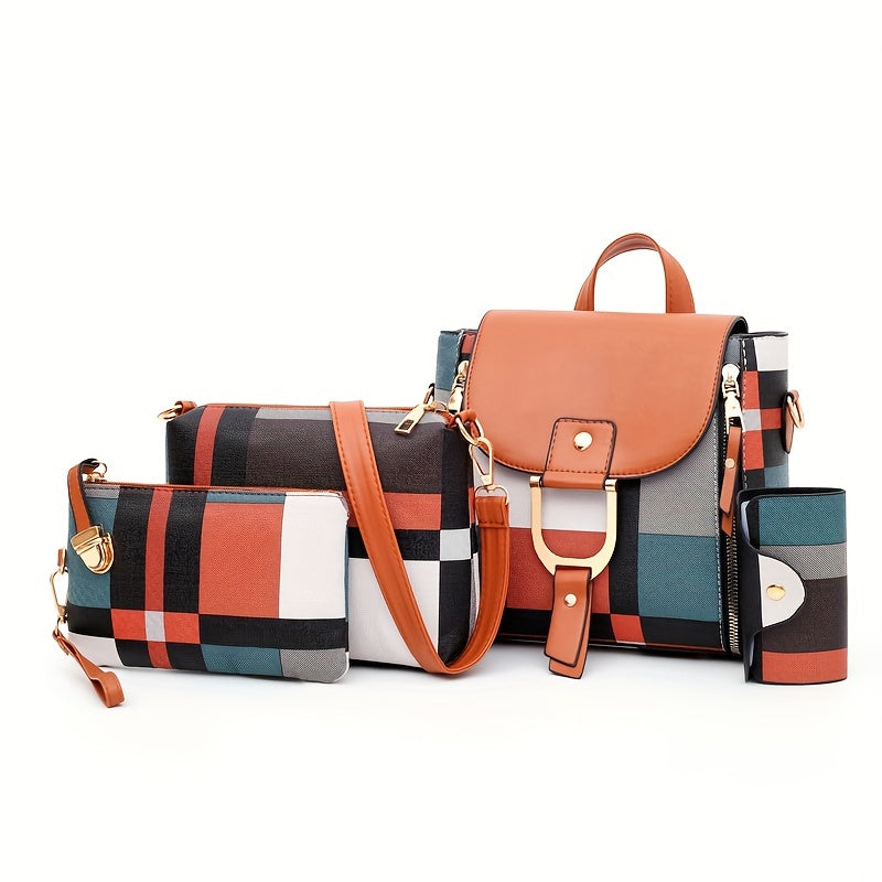 Fashion Trend Striped Plaid Bag Set, Classic Colorblock Top Handle Square Bag, Square Shoulder Bag, Clutch Purse & Long Purse For Women